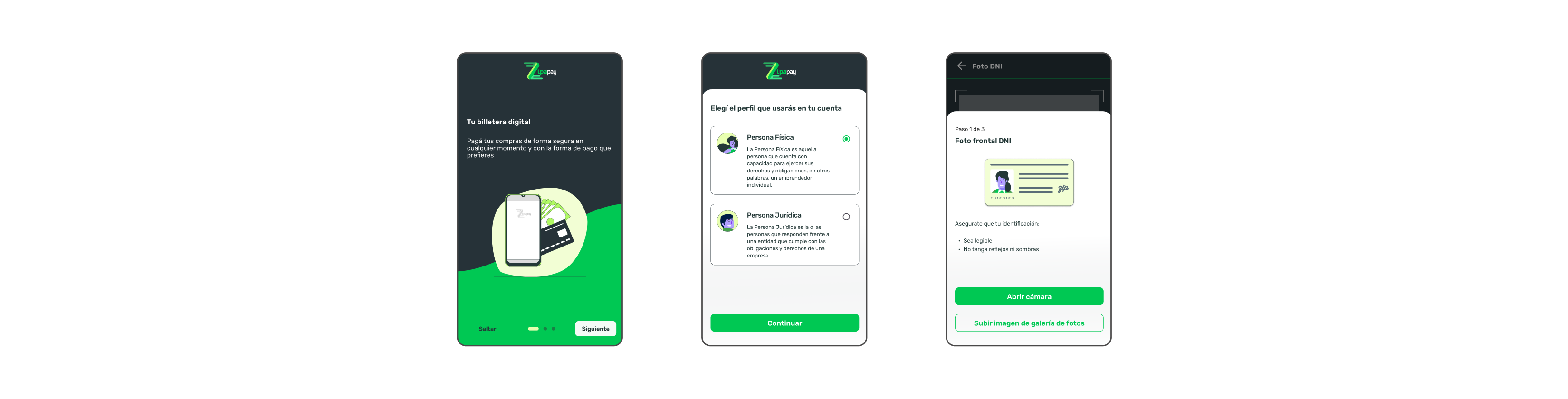 Onboarding + KYC: 3-screen onboarding using progressive disclosure. Identity verification integrated at account creation to meet legal requirements.